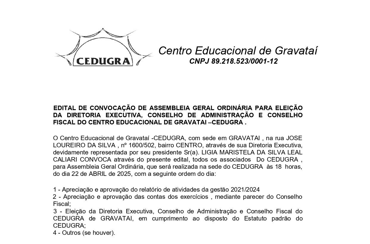 Publicação de Edital Legal – 89.218.523.0001-12 – Centro Educacional de Gravataí